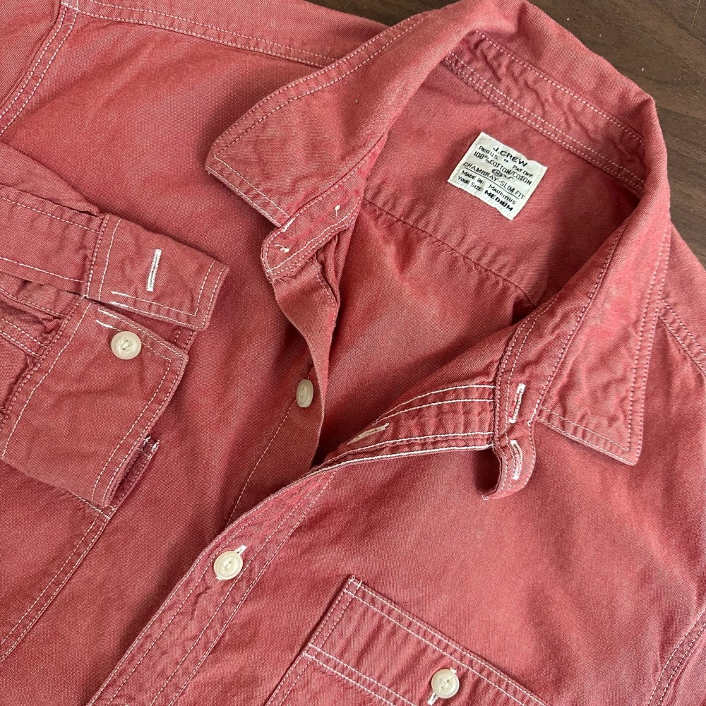 J.Crew Chambray Work Shirt Red Cotton Strap Slim Long Sleeve Button Up Mens M